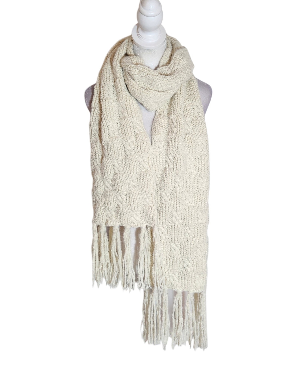 A New Day Cream Chunky Knit Fringe Scarf One Size NWT